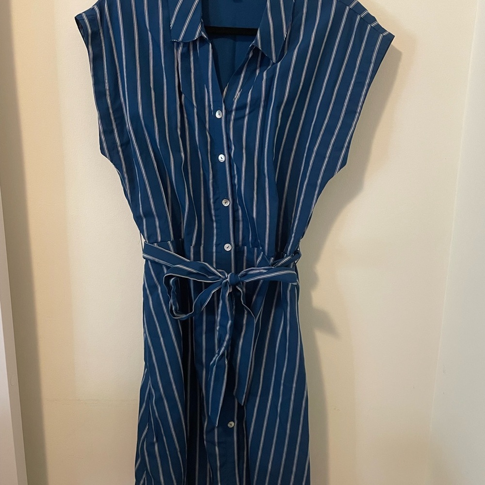 Draper James Blue and White Buttoned Tie Front Midi Dress